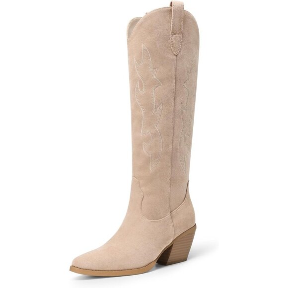 Shoes - Women's Nude Western Cowgirl Boots Knee High Pointed Toe Chunky Block Heel
